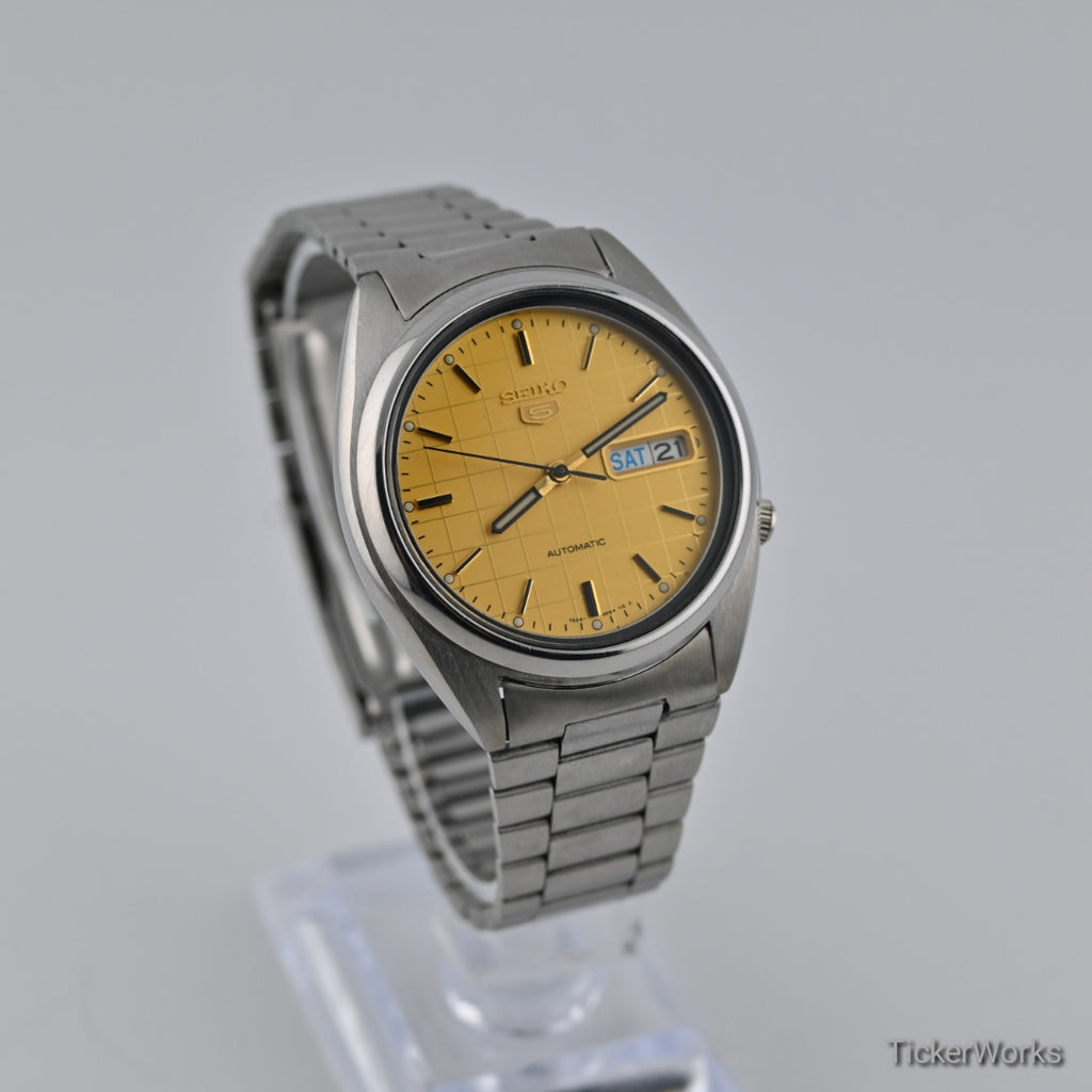 Seiko 5 Automatic Yellow Grid Day-Date 1990s 37mm