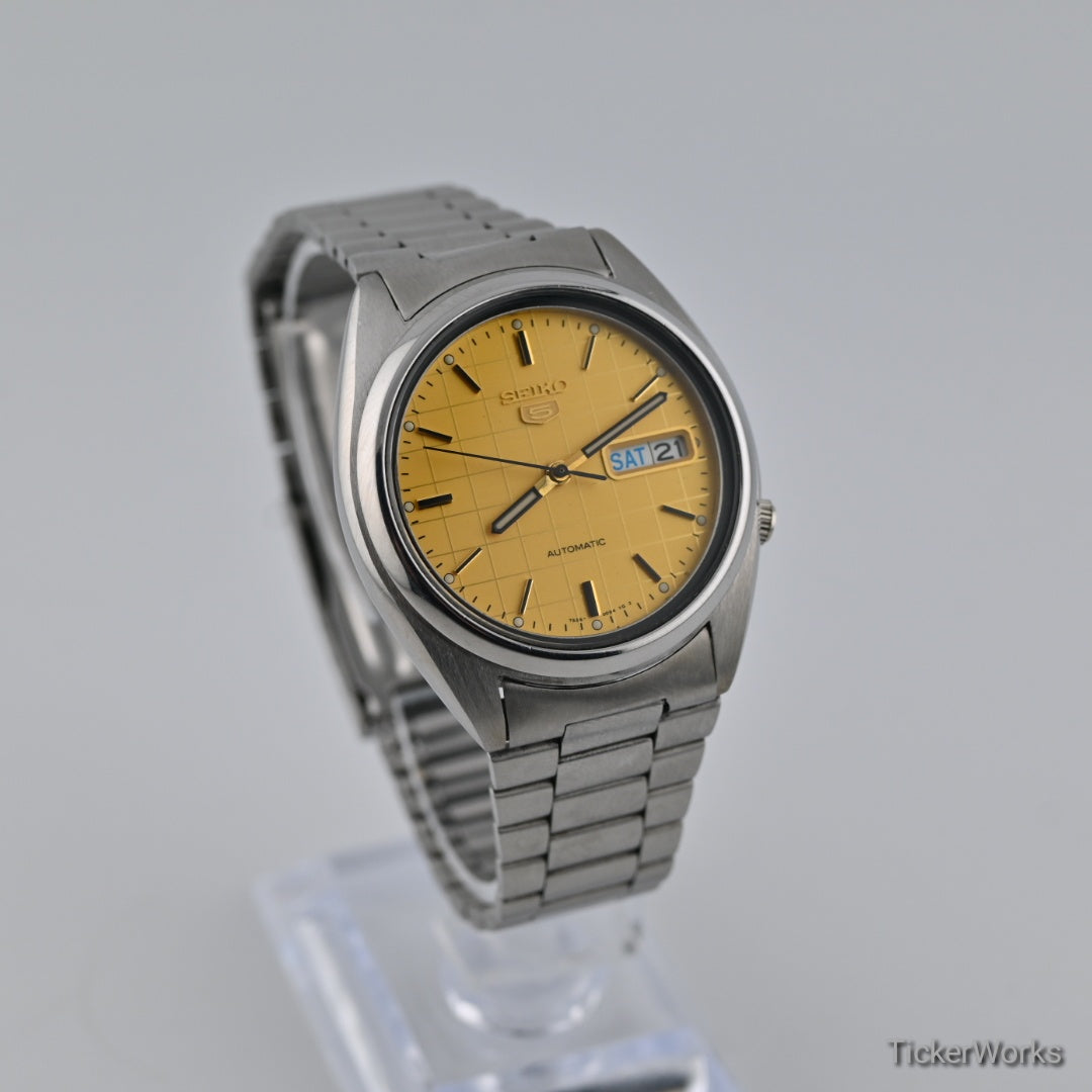 Seiko 5 Automatic Yellow Grid Day-Date 1990s 37mm
