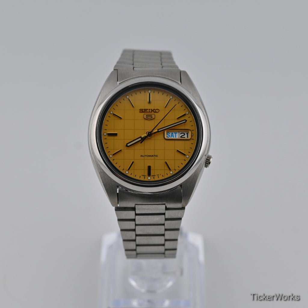 Seiko 5 Automatic Yellow Grid Day-Date 1990s 37mm