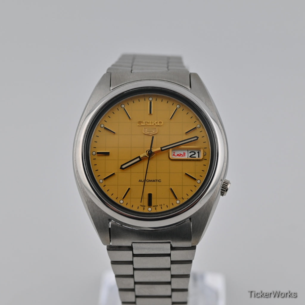 Seiko 5 Automatic Yellow Grid Day-Date 1990s 37mm
