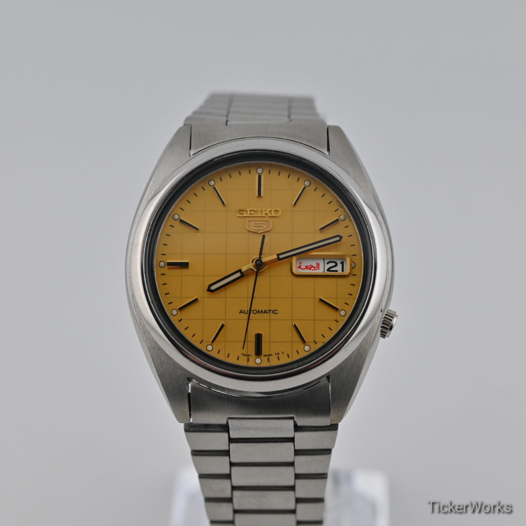 Seiko 5 Automatic Yellow Grid Day-Date 1990s 37mm