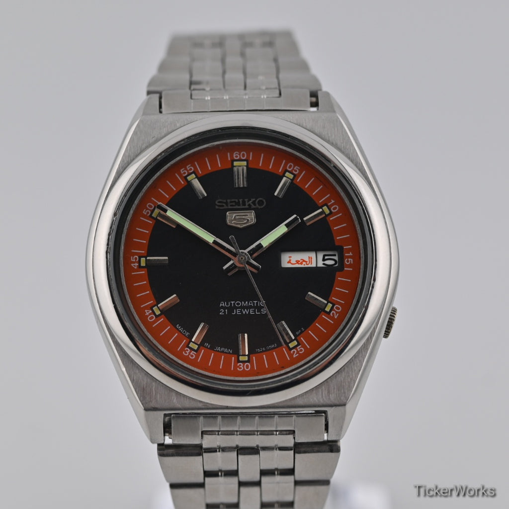 Seiko 5 Automatic Black Burnt Orange Day-Date 1990s 37mm