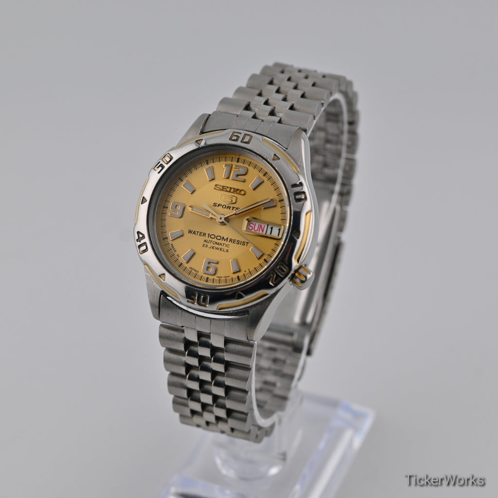 Seiko 5 Sports Automatic Gold Day-Date 1990s 36mm