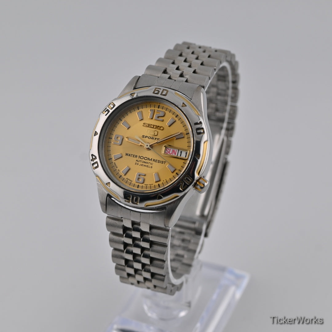 Seiko 5 Sports Automatic Gold Day-Date 1990s 36mm