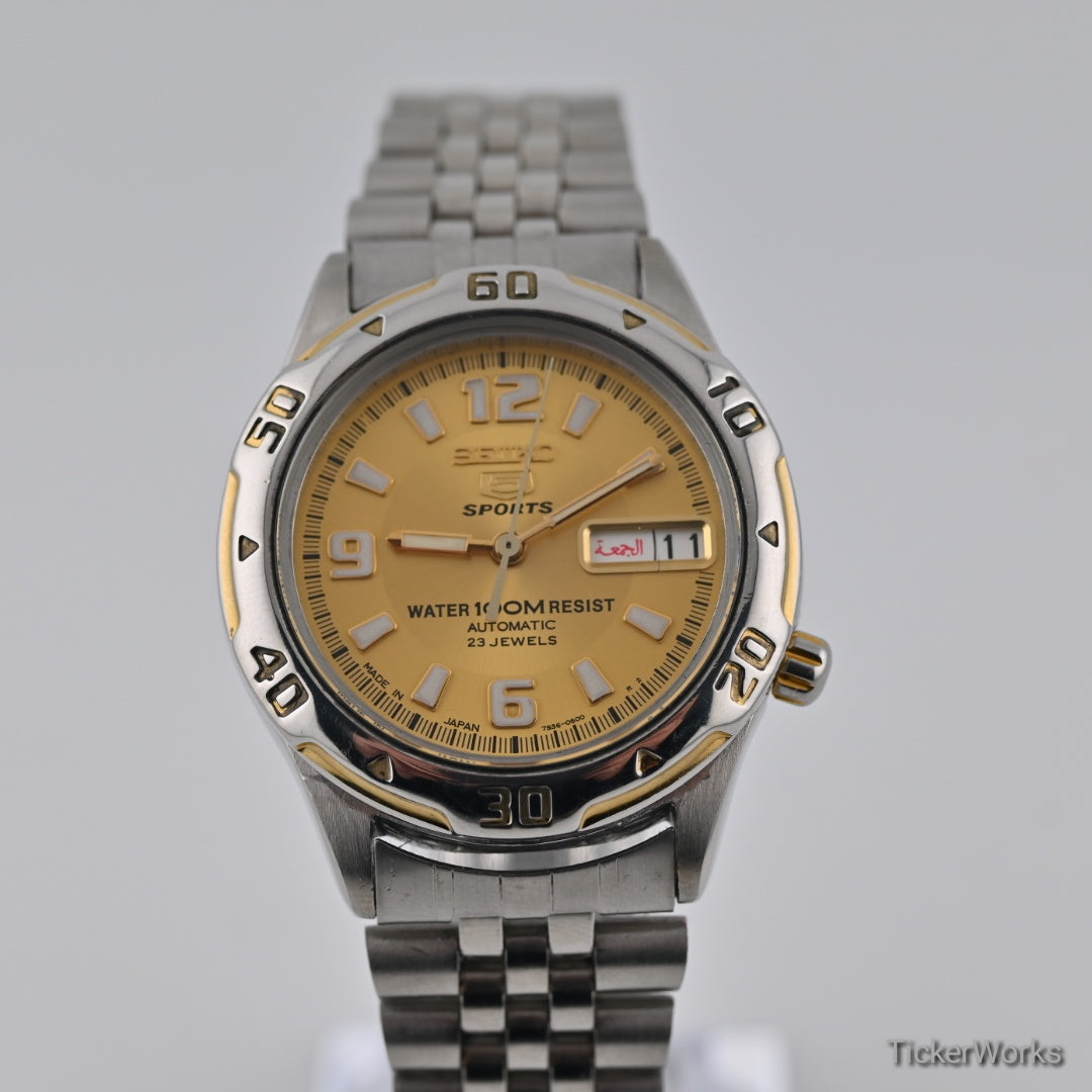 Seiko 5 Sports Automatic Gold Day-Date 1990s 36mm