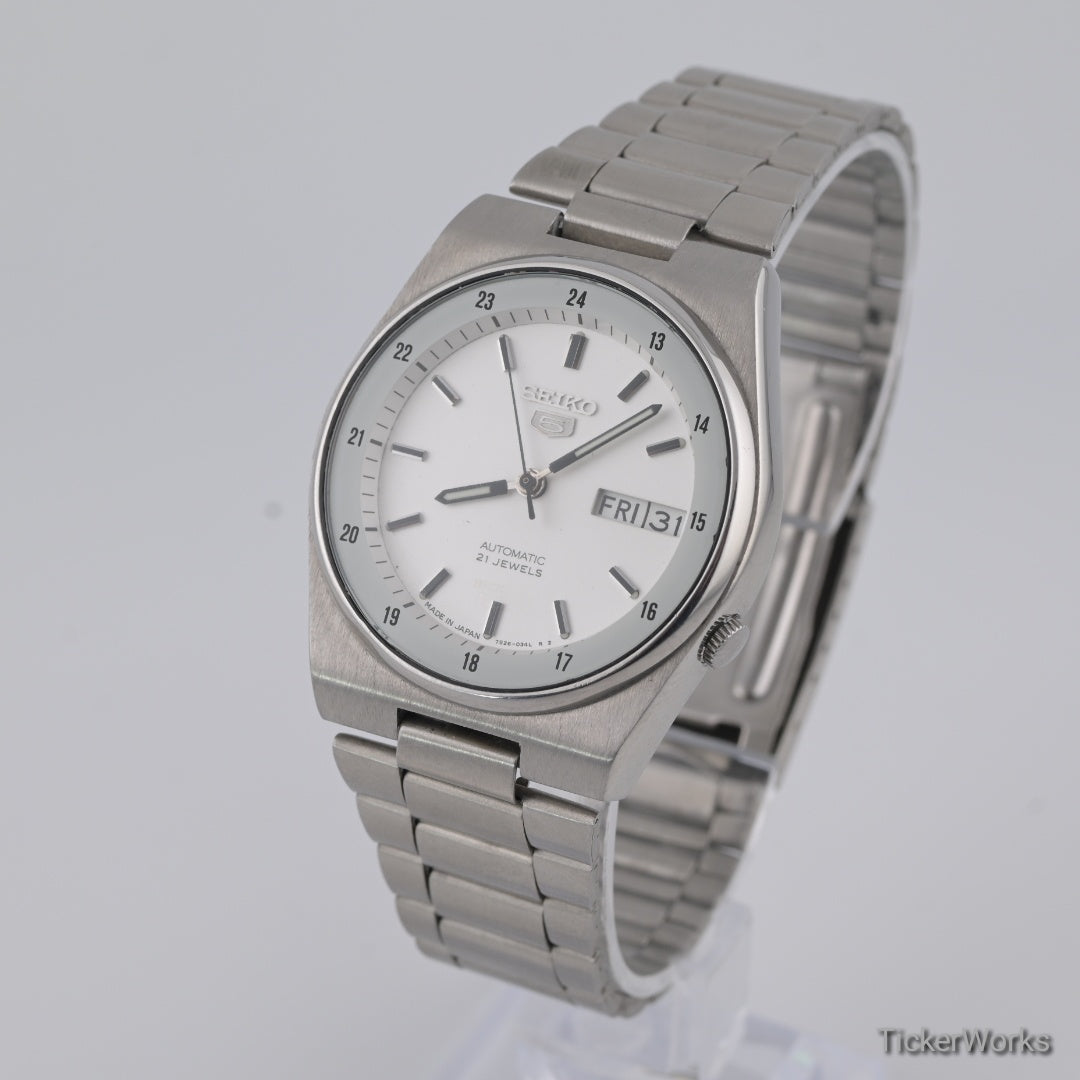 Seiko 5 Automatic Railway Time White Day-Date 1990s 36mm