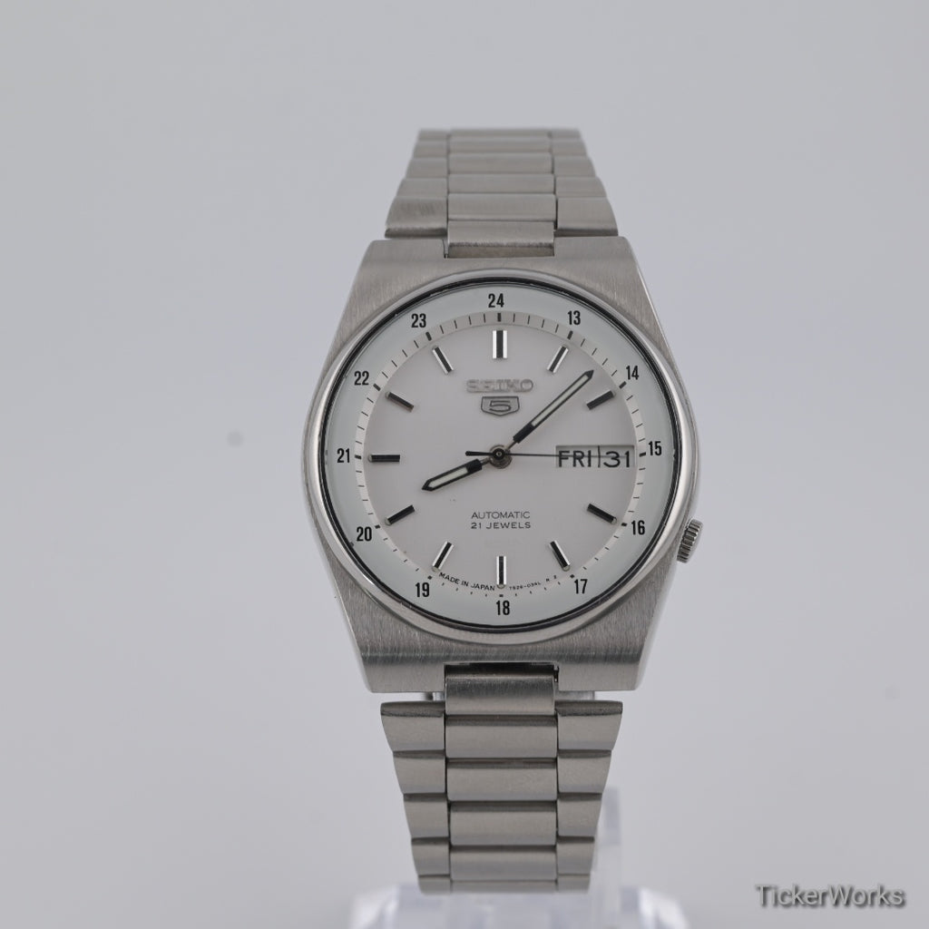 Seiko 5 Automatic Railway Time White Day-Date 1990s 36mm