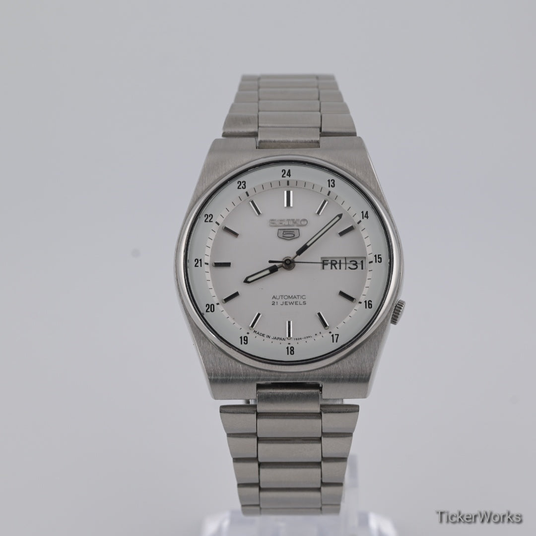 Seiko 5 Automatic Railway Time White Day-Date 1990s 36mm