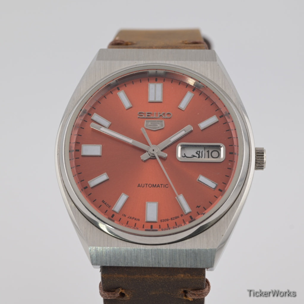 Seiko 5 Automatic 6309 Sunburst Orange Day-Date 1980s 35mm