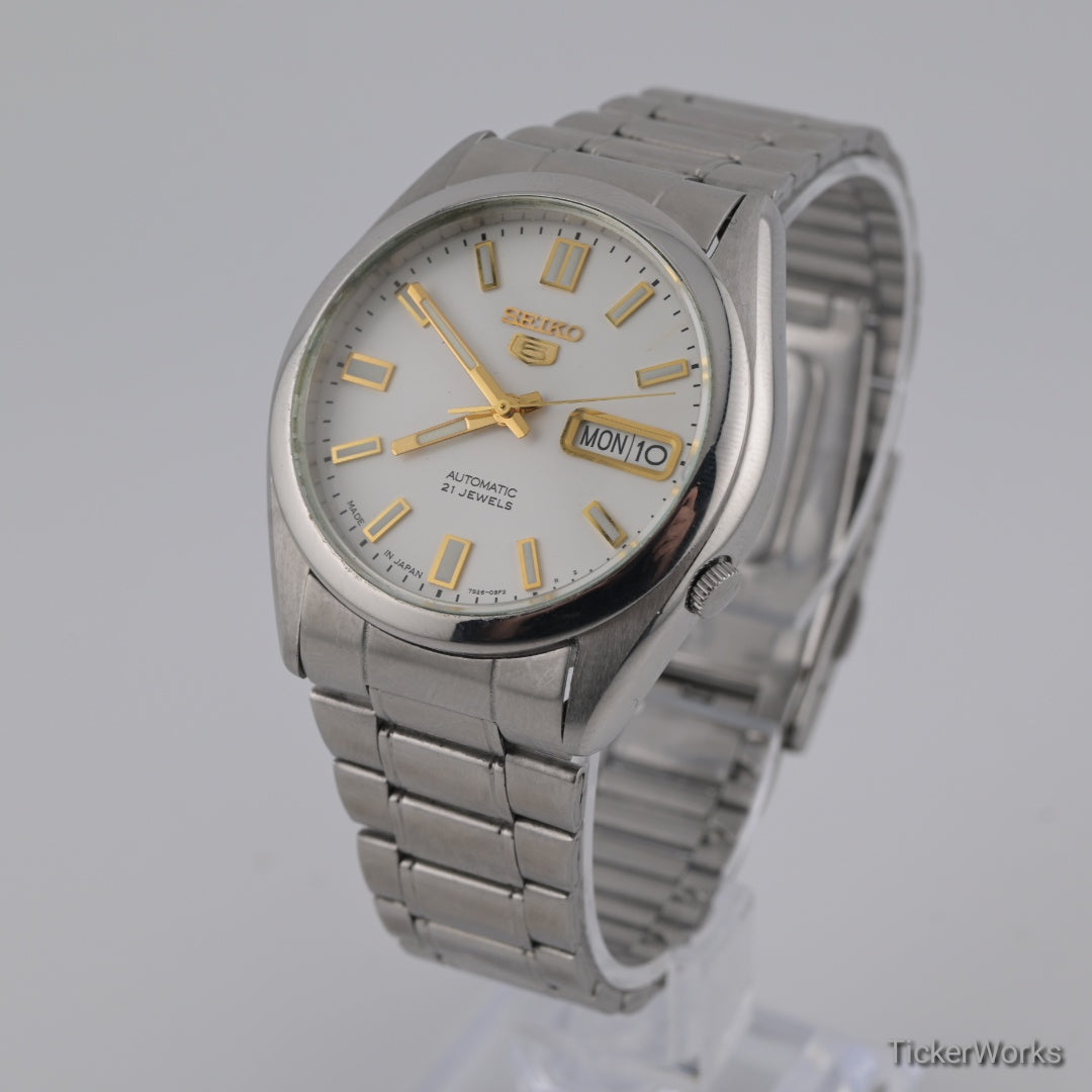 Seiko 5 Automatic 7S26-0380 1990s White Original Dial 37mm Arabic Day 21J