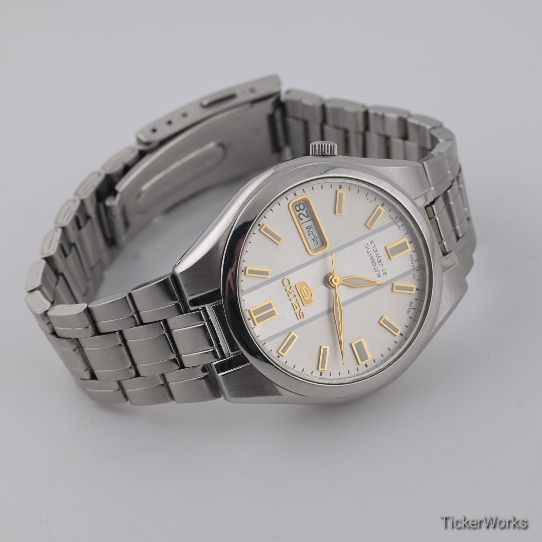 Seiko 5 7S26-02J0 2000s Champagne Geometric Dial 37mm Arabic Day 21J