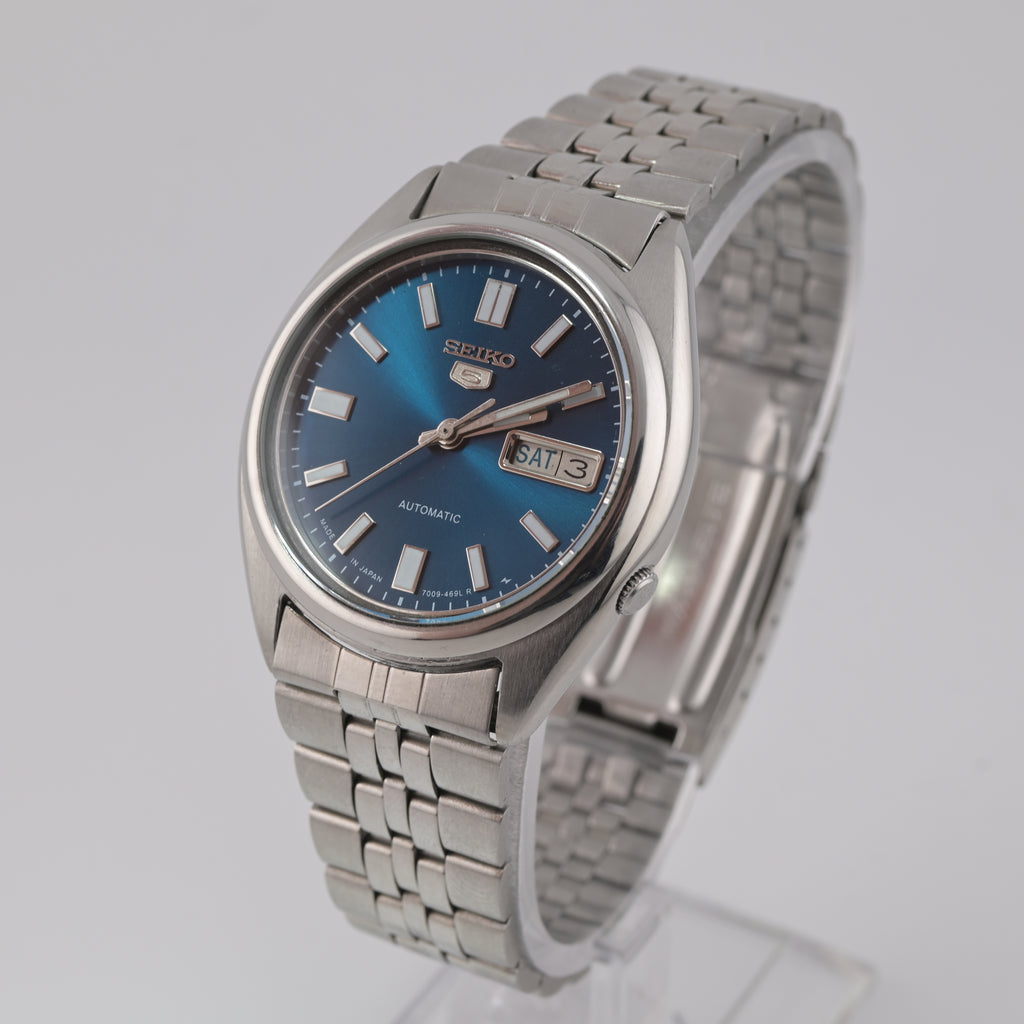 Seiko 5 Automatic 7009 Refurbished Teal Blue Dial 1980s 37mm Arabic Day